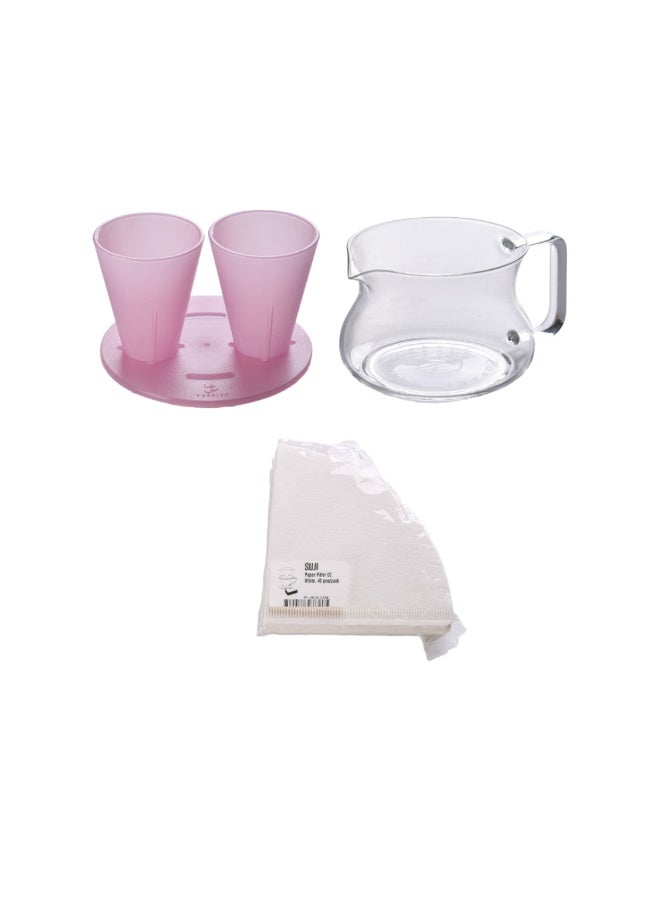 برسايذ اي طقم تقطير ثنائي العدسات وردي اللون - ماكينة تحضير قهوة مزدوجة التقطير مع قمع تقطير بلاستيكي، وإبريق زجاجي، وتصميم مسطح لتحضير كوب أو كوبين من القهوة المختصة - Image 1